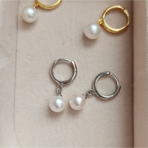 Handmade Pearl Silver Hoop Earrings 925 - Picture 1 of 4